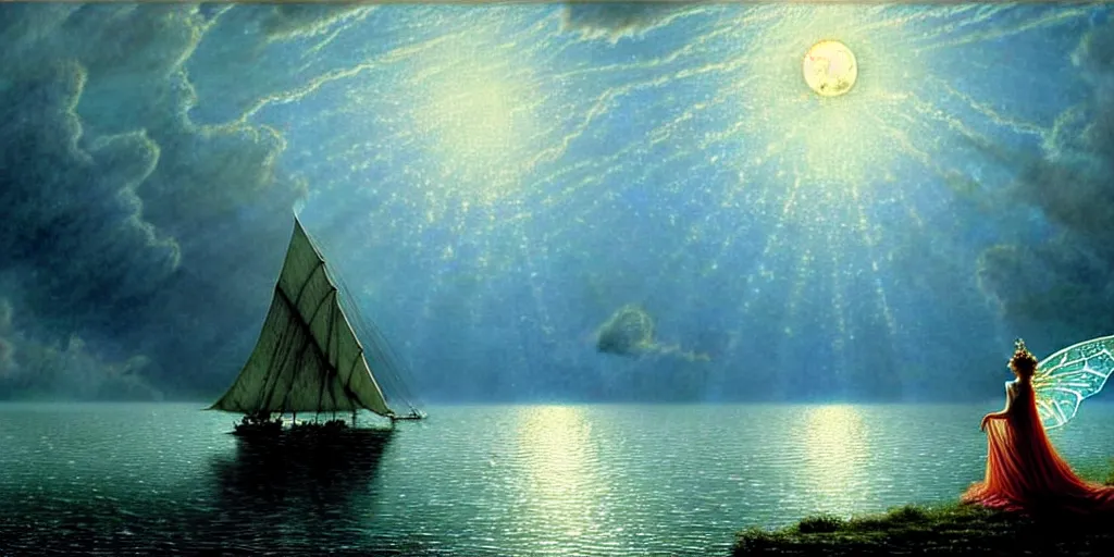 Image similar to an elegant fairy queen in a blue lace dress dancing looking out at a lord of the rings scenery landscape, staring across the sea at a large white timber sail ship, evening, god's rays highly detailed, vivid colour, soft clouds, full moon, cinematic lighting, perfect composition, gustave dore, derek zabrocki, greg rutkowski, belsinski