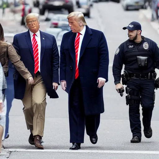 Image similar to candid ap press photo of president trump in handcuffs escorted by 3 fbi agents, walking him into a police car, new york times, wide angle lens, highly detailed portrait, 4 k uhd, sony camera, f / 2 2