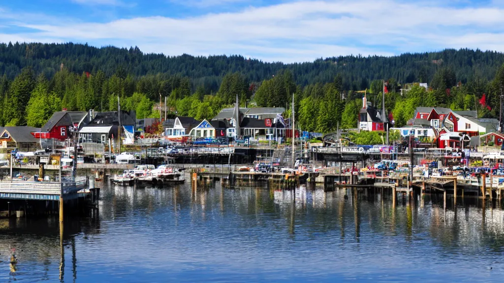 Prompt: scenic shot of little norway waterfront in poulsbo washington