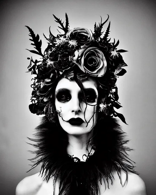 Image similar to surreal dark poetic black and white photo portrait of complex bio-mechanical beautiful young silver female-vegetal-cyborg with a fur metal fine lace face, a very long neck and a fine metal floral foliage super big gothic lace collar and very high big floral crown with many black dry roses by Vivienne Westwood:: smoke, high fashion, haute couture, rococo, avant-garde, silver filigree details, anatomical, facial muscles, cable wires, microchip, elegant, dreamy, foggy atmosphere, hyper realistic, 150 mm lens, soft rim light, octane render, unreal engine, picture was taken in 1910 by Man Ray, volumetric lighting, dramatic light,8k,