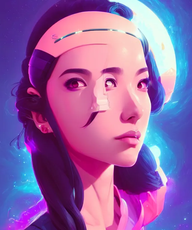 Image similar to beautiful portrait of sana from twice as a sci fi woman, with vaporwave aesthetic by artgerm, yuumei, makoto shinkai, concept art by james gilleard, artstation, cgsociety, synchromism, 8 0 s animation flat cell shaded. with thick black pencil lines!!!!