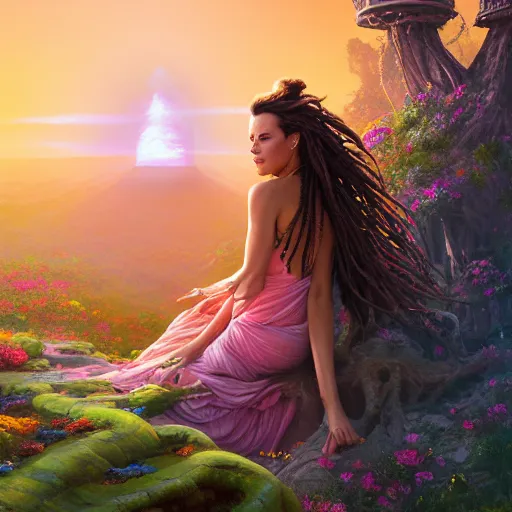 Prompt: a very regal kate beckinsale with colorful dreadlocks and lots of jewlery sitting on a cliff overlooking a field of colorful flowers with a giant glowing baobab tree in the middle, it is sunset, by greg rutkowski and android jones and Alena Aenami in a surreal cyberpunk! style, oil on canvas, highly detailed face, 8k hd,