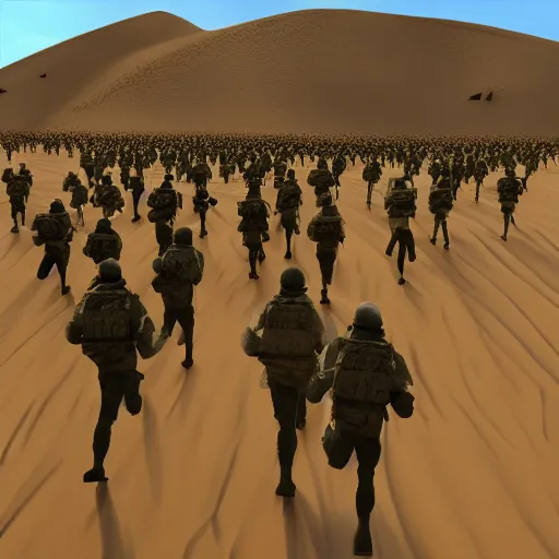 Prompt: battlefield 2 0 4 2 style army of jews running across the desert towards a pile of gold bullion, unreal engine 5, 8 k, cinematic,