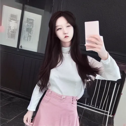 Image similar to korean e - girl, 2 0 2 2, casual fashion, ulzzang, mirror selfie, pinterest, trending on instagram, unreal engine, a picture by lu ji, trending on cg society, aestheticism, pretty, lovely, elegant