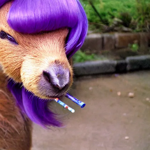 Image similar to 3 5 mm film photo of capybara smoking a cigarette wearing a purple wig