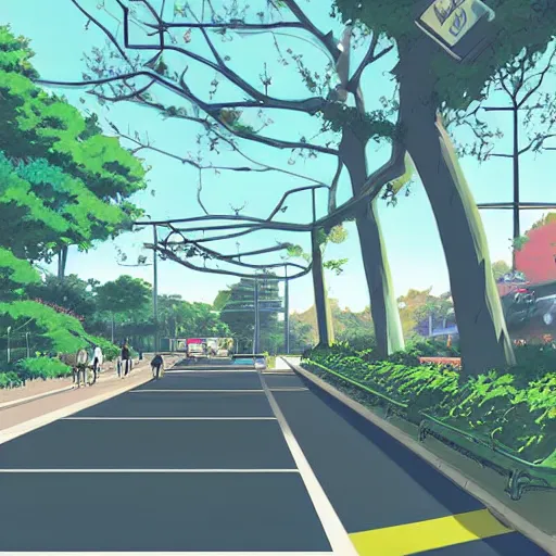 Prompt: academy entrance, boulevard, trees, building in the distance, overhanging branches, long road, cel - shading, 2 0 0 1 anime, flcl, jet set radio future, the world ends with you, kid a, cel - shaded, strong shadows, vivid hues, y 2 k aesthetic, art by artgerm
