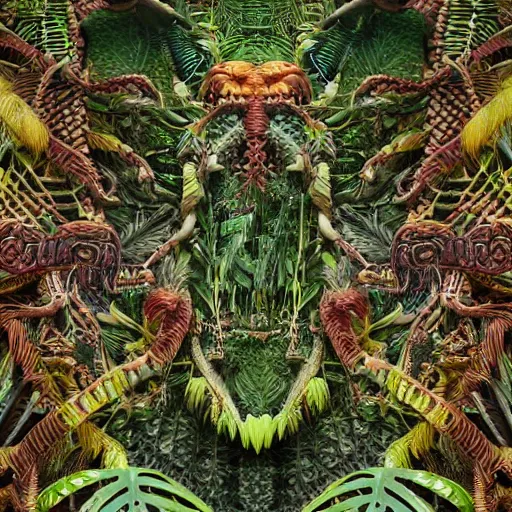 Image similar to mayan supernatural beings, pattern, jungle, intricate entanglement of botanical features, intricate details, octane render, trending on deviantart