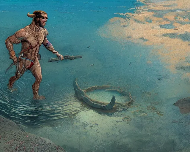 Image similar to a minotaur walking in shallow water, digital art, illustrated by james gurney and victo ngai