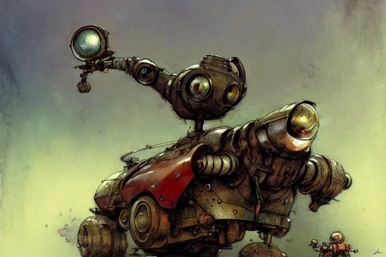 Image similar to adventurer ( ( ( ( ( 1 9 5 0 s retro future robot android robot mouse wagon dramatic moment. muted colors. ) ) ) ) ) by jean baptiste monge!!!!!!!!!!!!!!!!!!!!!!!!! chrome red