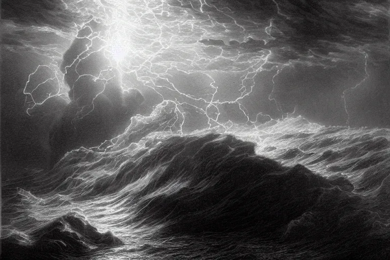 Image similar to black and white, young french woman illuminated by a beam of light through detailed stormy clouds in the sea, demons fly in background, Gustave Dore lithography