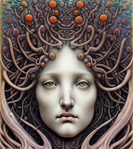 Image similar to detailed realistic beautiful coral reef goddess face portrait by jean delville, gustave dore, iris van herpen and marco mazzoni, art forms of nature by ernst haeckel, art nouveau, symbolist, visionary, gothic, neo - gothic, pre - raphaelite, fractal lace, intricate alien botanicals, ai biodiversity, surreality, hyperdetailed ultrasharp octane render