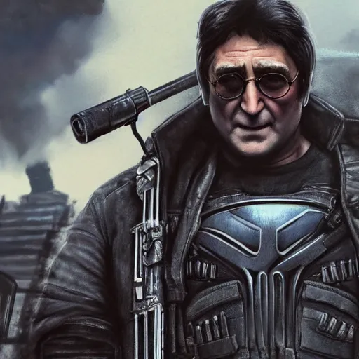 Image similar to john lennon as frank castle the punisher, ultra realistic, concept art, intricate details, highly detailed, photorealistic, octane render, 8 k, unreal engine, art by frank frazetta, simon bisley, brom