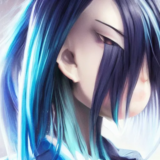 Image similar to profile shot of rimuru tempest, sky blue, straight hair, long bangs, amber eyes, wearing a black jacket!! with white stripes, high collar, highly detailed, unreal engine 5, digital painting, cinematic, wlop | artgerm, pixiv, yoshitaka amano, greg rutkowski, ilya kuvshinov, andy warhol