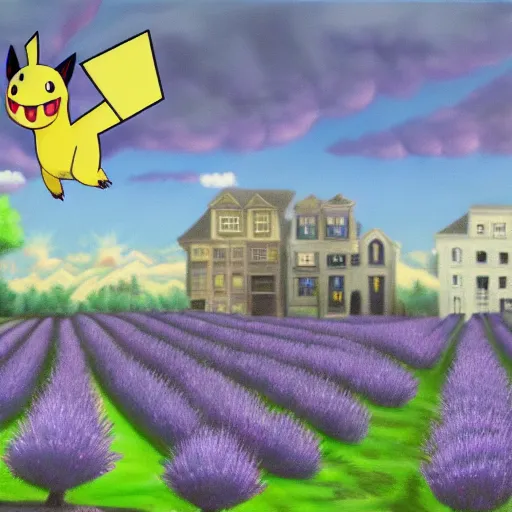 Prompt: hyperrealistic painting of pokemon lavender town, terrifying, purple dim light, ghosts flying