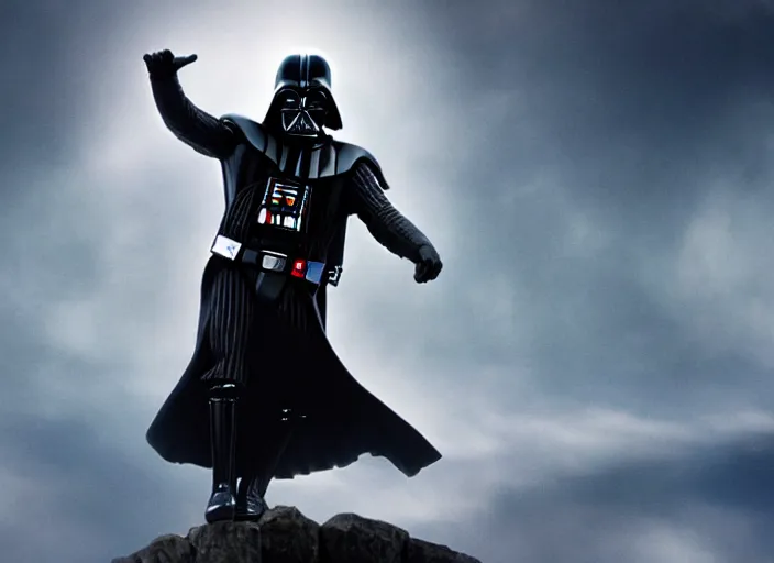 Image similar to film still of Darth Vader jumping up in joy over his great success in the new Star Wars movie, 4k