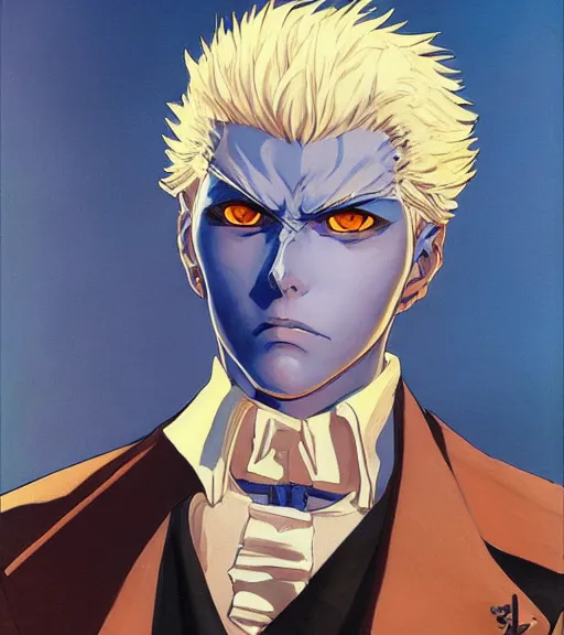 Image similar to j. c. leyendecker painting of an anime vergil from dmc, direct flash photography at night, film grain