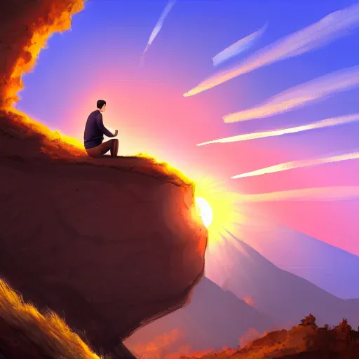 Prompt: a man sitting on a cliff watching the sun explode, painting, digital art, harsh lighting, 4 k hd wallpaper, trending on art station