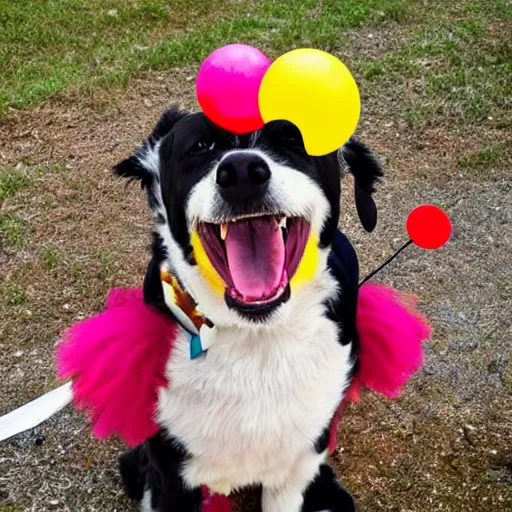 Prompt: photo of a clown with the face of a dog