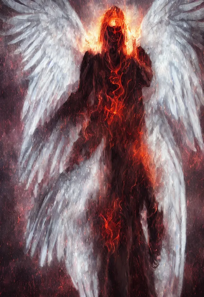 Prompt: a portrait of a gigantic angel as a demon in a fiery hell, eerie, dark, magical, fantasy,, digital art.