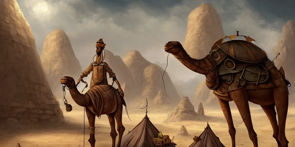 Prompt: a camel - like anthropomorphic merchant trader in a tent, chrome mechas, matte oil painting, retrofuturistic, concept art, science fantasy, mutant, lgbt, queer, rpg, epic, rusted, white salt, badlands, jungles, dungeons & dragons, sacred, sharp focus, award - winning, extremely detailed, 4 k, 8 k