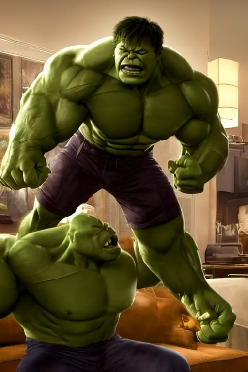 Image similar to Film Still of Hulk on the couch playing Xbox in the new Avengers movie oil on canvas, intricate, portrait, 8k highly professionally detailed, HDR, CGsociety