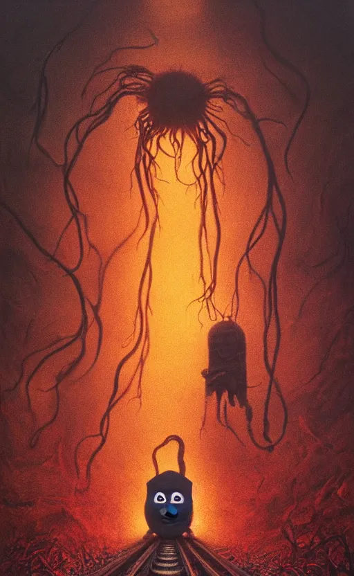 Image similar to thomas the tank engine in style of zdzisław beksinski, extremely dramatic lighting, 8 k, tendrils, black, darkness, black slime tendrils, infected, rust, body horror, thomas the train, thomas the tank engine face, horror,