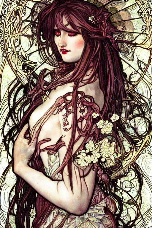 Prompt: tonemapped Angelic Succubus in the style of Ayami Kojima and Alphonse Mucha