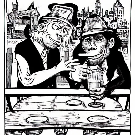 Prompt: Tom Waits and Iggy Pop in a pub by Robert Crumb