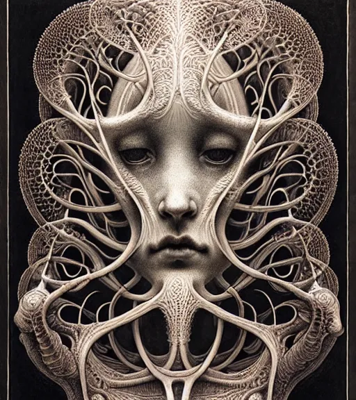 Prompt: detailed realistic beautiful bone goddess face portrait by jean delville, gustave dore, iris van herpen and marco mazzoni, art forms of nature by ernst haeckel, art nouveau, symbolist, visionary, gothic, neo - gothic, pre - raphaelite, fractal lace, intricate alien botanicals, biodiversity, surreality, hyperdetailed ultrasharp octane render