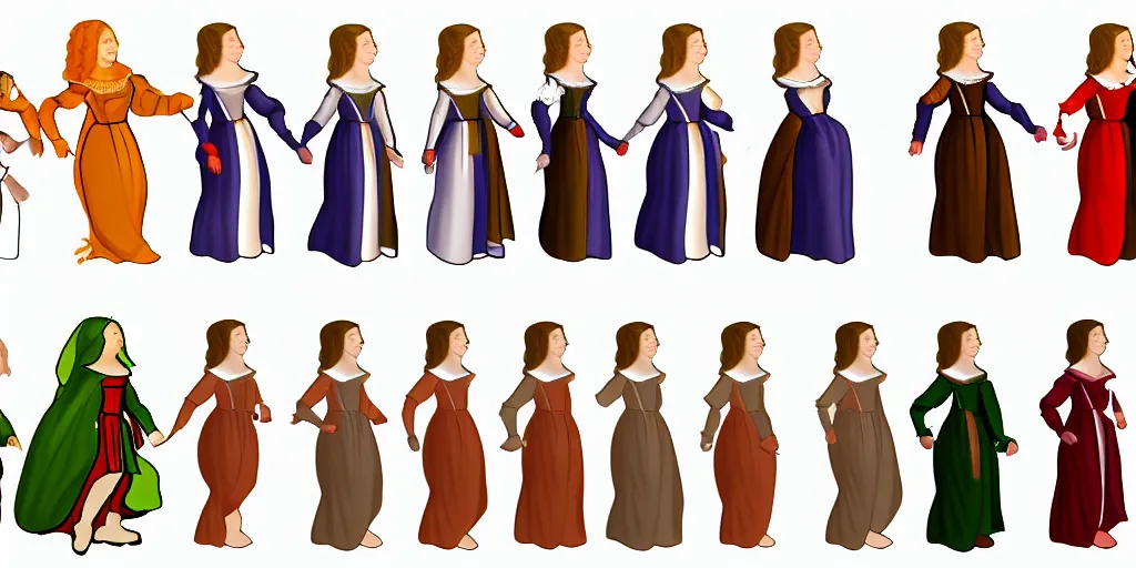 Image similar to walking animation sprite sheet of a girl in a renaissance dress, walking to the right, each sprite is a different frame of the animation