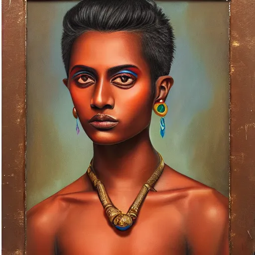 Image similar to A portrait of a thin trendy and gorgeous non-binary person, dark skin tone, Indian, oil painting, majestic, detailed, high resolution