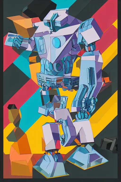 Prompt: cubist battle robot cutout digital illustration cartoon colorful beeple