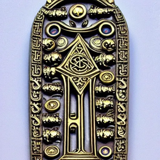 Image similar to a large ornate key with gems and engraved runes, d & d, photo