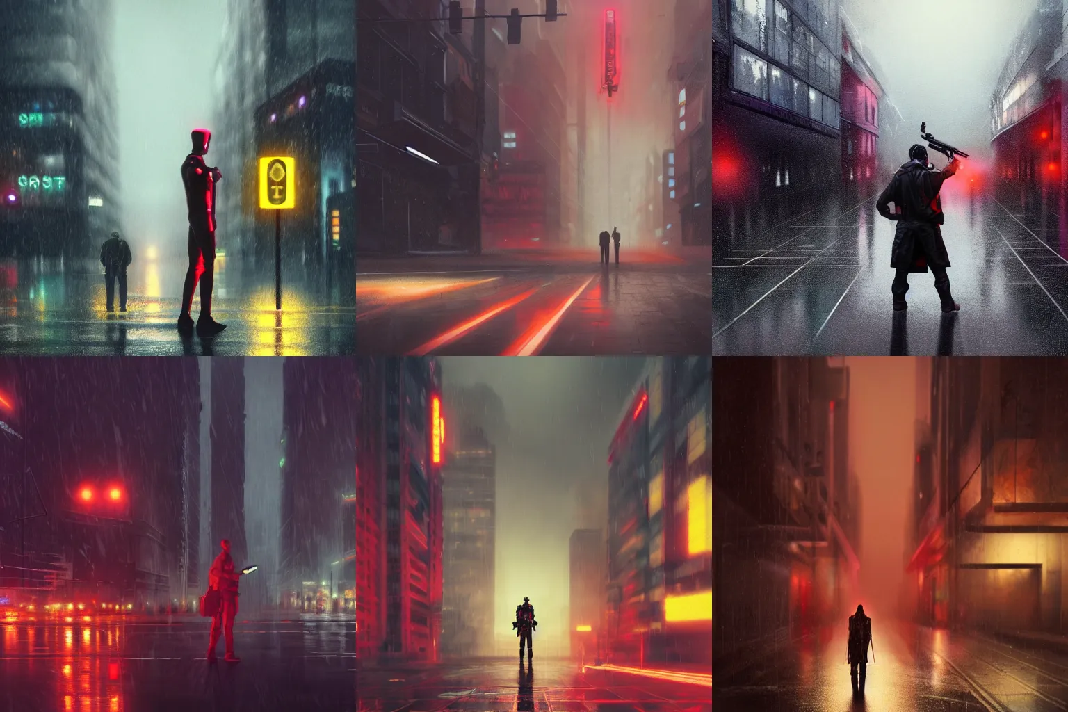 Prompt: matte painting of an ominous android standing in the street with a machine gun and clothes that are flapping in the wind, with a rainy cyberpunk city in the background, night, red, yellow, fog, low angle, wide angle, greg rutkowski, artstation