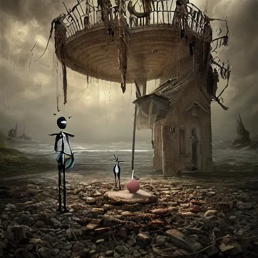 Prompt: michal karcz surrealism drawing of the end of the road. , in the style of jack skellington, in the style of a clown, loony toons style, horror theme, detailed, elegant, intricate, 4k, Renaissance painting