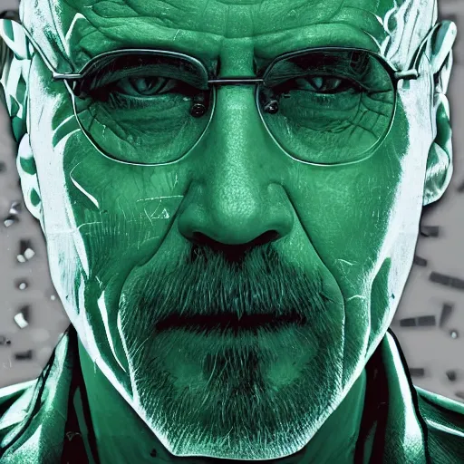 Prompt: close up still of walter white seeing the matrix code, highly detailed face, highly detailed skin, award winning scene, photography, photo, beautiful glitching green matrix code, symmetrical