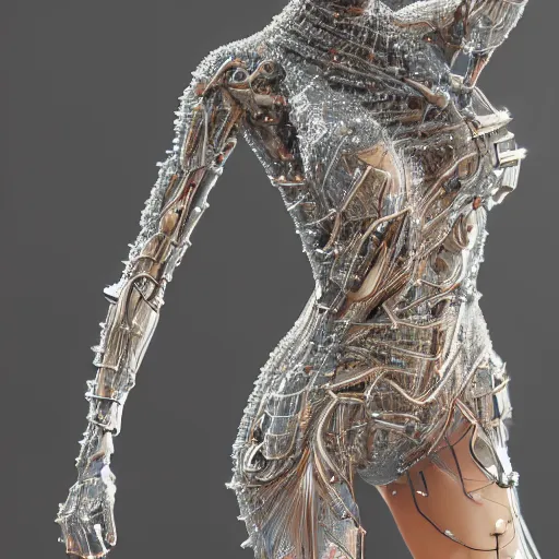 Prompt: woman full body, ethereal, biomechanical, cyberpunk, covered in diamonds and other gems glowing, elegant posed intricate, extremy detailed andrew chiampo, frederik heyman, beeple, cgsociety, artstation. cinematic lighting, highly detailed 4 k art