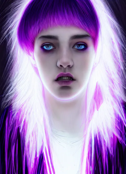 Image similar to hair whitebangs hair, black cyberlox, portrait of teenage girl with white bangs, whitebangsblackhair, messy bangs, cyberlox, whitebangs, red irises, purple clothes, intricate, elegant, glowing lights, highly detailed, digital painting, artstation, concept art, sharp focus, illustration, art by wlop, mars ravelo and greg rutkowski