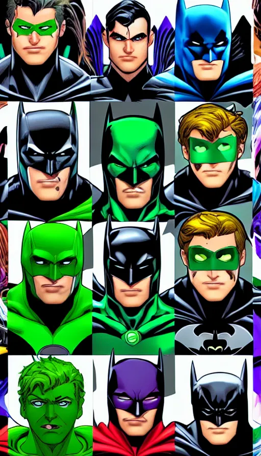 Prompt: batman, teen titans, green lantern, aquaman, blue beatle, beastboy, dc universe, perfect faces, highly detailed, award winning, artstation, concept art, smooth, unreal engine 5, 8 k, hq, masterpiece, comic, comic style, comics