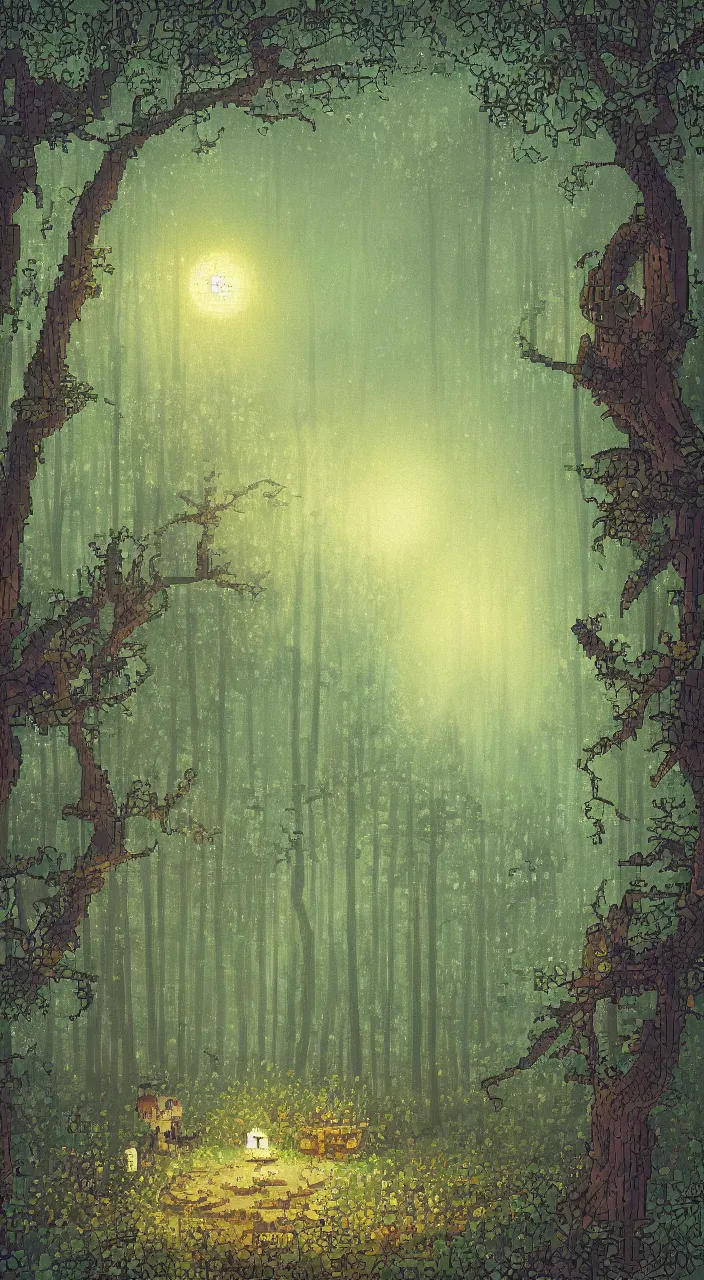 Prompt: dreamy night in the forest pixelart style, illustration, highly detailed