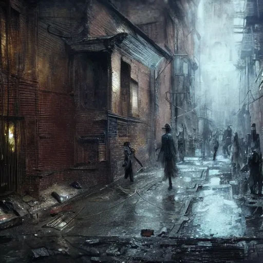 Image similar to close view of sadie sink. runs desperately | a mechanical monstrosity runs toward sadie sink | background : alleyway near decaying tenements. concept art for scifi dystopian film. by nikolay makovsky, bob byerley, wadim kashin, andrea kowch. cinematic moody atmosphere, detailed and intricate, perfect anatomy