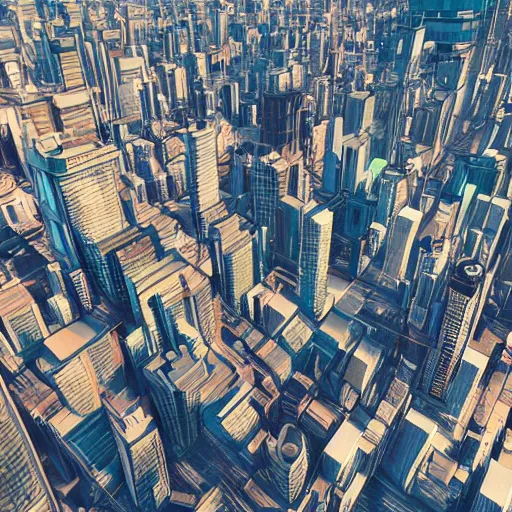 Image similar to bird's eye view of giant robots standing in the middle of a city, highly detailed, digital art, trending on artstation, very beautiful 4 k