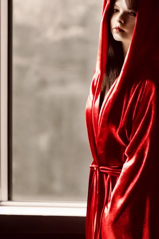 Prompt: a stunning brunette, wearing a silky red robe, sunlight shining through, standing near a window, closeup headshot, cinematic, by wlop