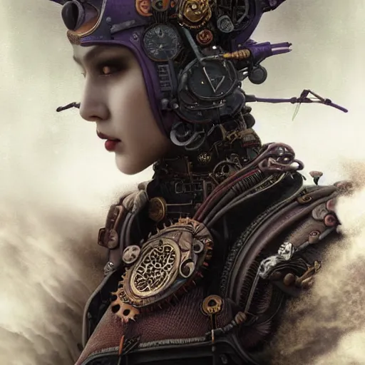 Image similar to rudolf freund dan mumford tom bagshaw, alien world, photorealistic soft paint of a single very beautiful asian warrior full long steampunk armored, ultra deep fog, purple black lustrous thin haircut, partial symmetry accurate features, focus, very intricate ultrafine details, award winning masterpiece, steampunk world