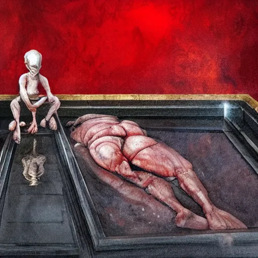 Prompt: Donald Trump full body laying in a blood red pool of water between a golden mirror frame, outside is space and inside the mirror frame is a beautiful landscape., physically accurate, dynamic lighting, intricate, elegant, highly detailed, digital painting, artstation, HR GIGER, Hieronymus Bosch, Francis Bacon, concept art, smooth, sharp focus, illustration, art by artgerm and greg rutkowski and alphonse mucha