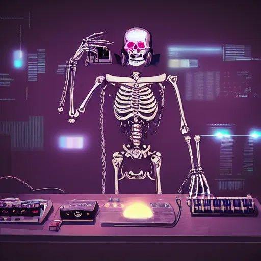 Image similar to cyberpunk skeleton with headphones playing synthesizer, smoky lights, lasers, highly detailed, realistic, dusty, technology and magic,