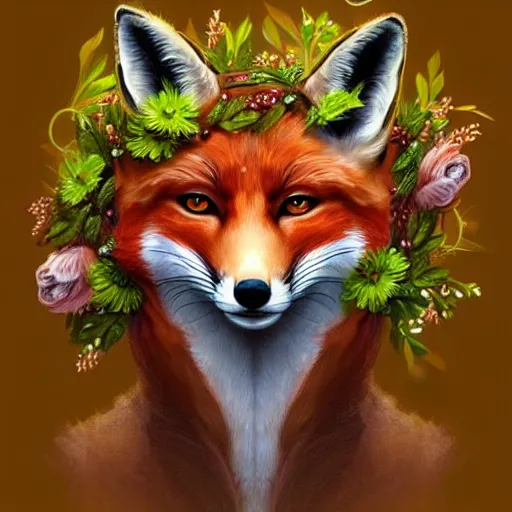 Image similar to portrait of a fox wearing a tiara, wreath flowers, fantasy art, d & d, trending on artstation, beautiful art, intricate, elegant, highly detailed, digital painting, concept art, smooth, sharp focus, illustration