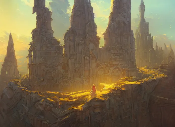 Prompt: architectural cover concept art of the lost sand city, ruins, golden towers, golden pillars, volumetric lighting, official fanart behance hd artstation by Jesper Ejsing, by RHADS, Makoto Shinkai and Lois van baarle, ilya kuvshinov, rossdraws