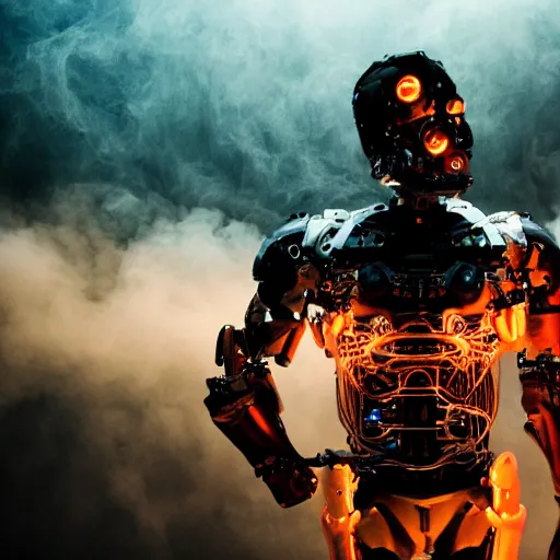 Image similar to cyborg with toaster oven chest, dark messy smoke - filled cluttered workshop, dark, dramatic lighting, orange tint, sparks, cinematic, highly detailed, sci - fi, futuristic, movie still