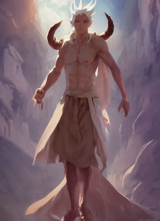 Prompt: concept art painting of a tan person with short white hair, demon horns, white freckles, and blue robes, detailed, cel shaded, in the style of ruan jia and artgerm and makoto shinkai and james gurney